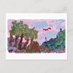 Magical pink landscape with figures postcard