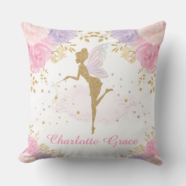 Magical Pink Lavender Floral Fairy Baby Girl Cushion (Front)