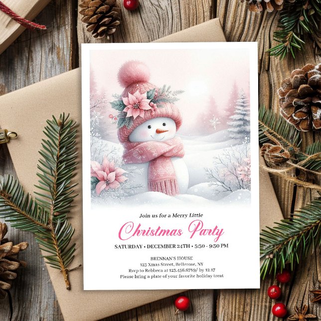 Magical Pink Snowman Editable Kids Christmas Party Invitation (Magical Pink Snowman Editable Kids Christmas Party Invite)