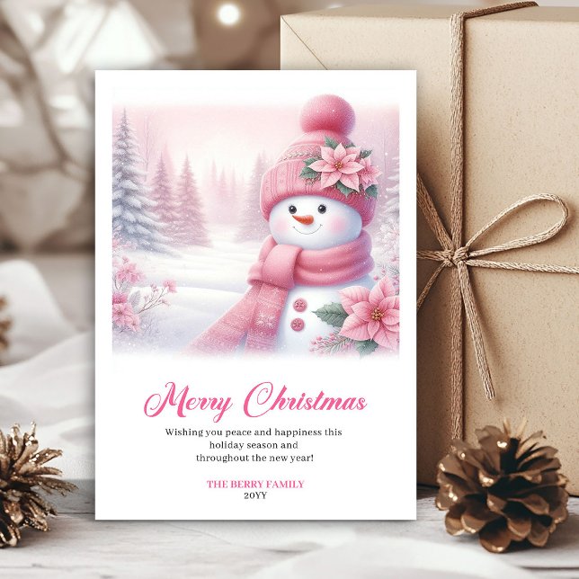 Magical Pink Snowman Printable Christmas Scene  Holiday Card (Magical Pink Snowman Printable Christmas Scene Greeting Card

)