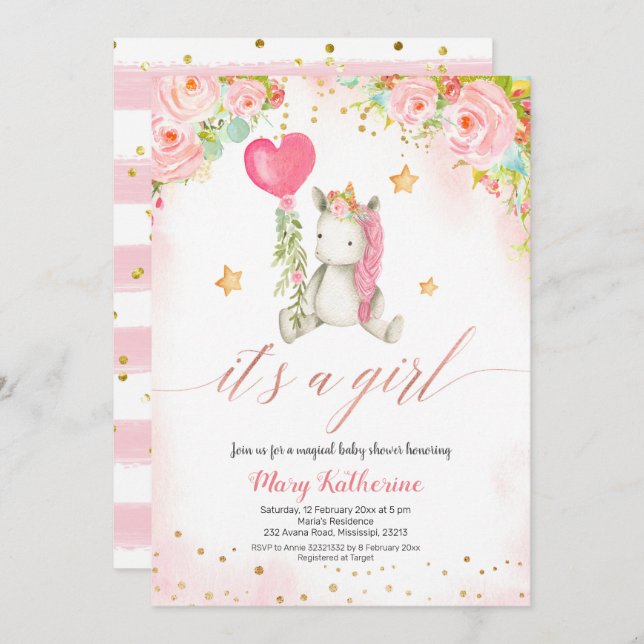 Magical pink unicorn baby shower invitation (Front/Back)