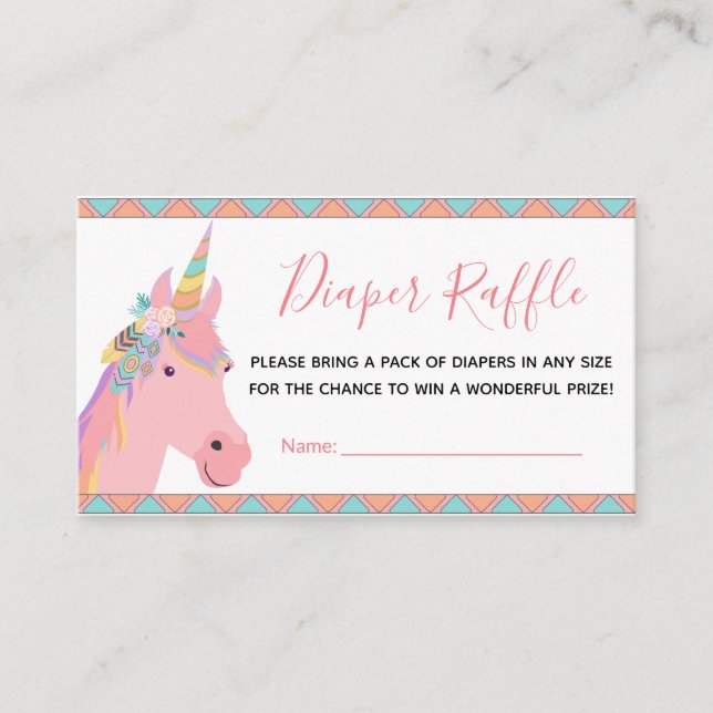 Magical Pink Unicorn Boho Diaper Raffle Ticket Enclosure Card (Front)