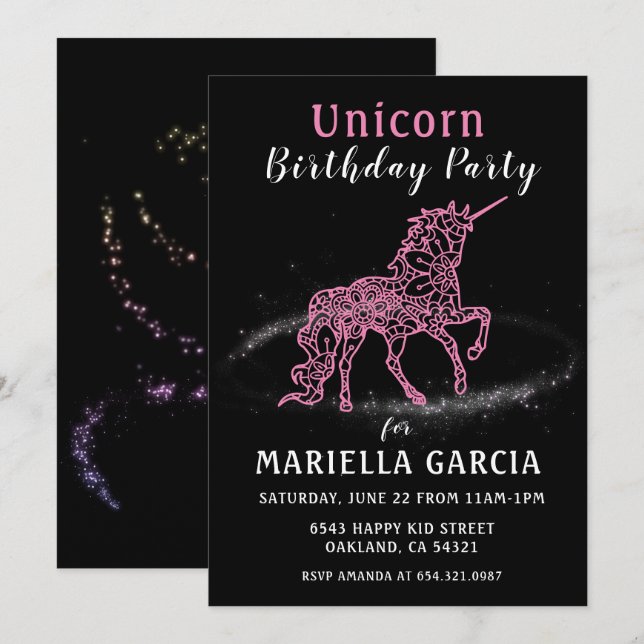 Magical Pink Unicorn Girls Birthday Party  Invitation (Front/Back)