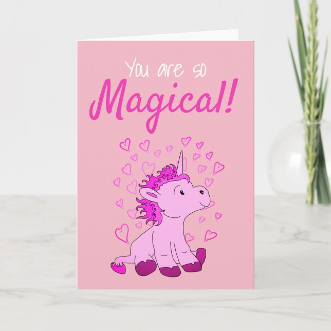 Magical Pink Unicorn Hearts Valentine`s day Card (Front)