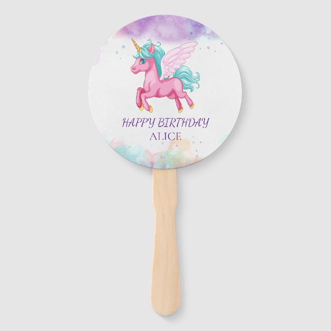 Magical Pink Unicorn Rainbow Birthday  Hand Fan (Front)