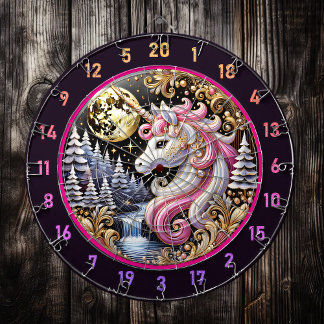 Magical Pink Unicorn Stands in Moonlight Dartboard