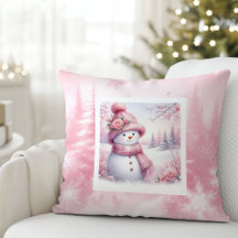 Magical Pink Winter Pillow Cute Snowman Style