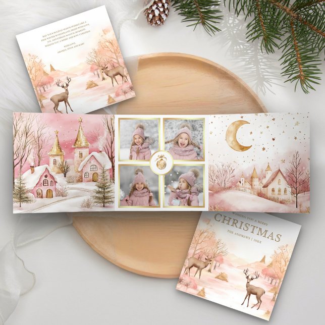 Magical Pink Winter Wonderland 4 Photo Christmas Tri-Fold Holiday Card (Creator Uploaded)