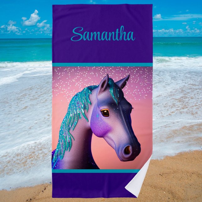 Magical Pony in Purple and Teal with Custom Name   Beach Towel (Creator Uploaded)