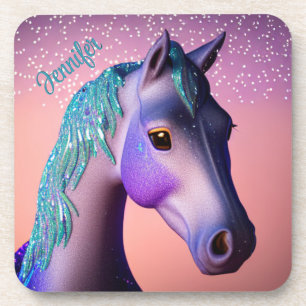 Magical Pony in Purple and Teal with Custom Name   Coaster