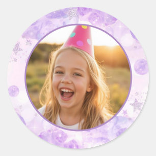 Magical Purple Bubbles Photo Birthday Classic Round Sticker