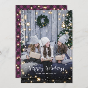 Magical Purple Buffalo Plaid Snow Stars Photo Holiday Card