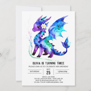 Magical Purple Dragon Digital Girl Birthday Invitation