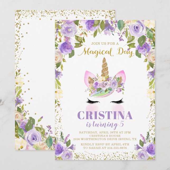 Magical Purple Gold Unicorn Floral Birthday Invite (Front/Back)