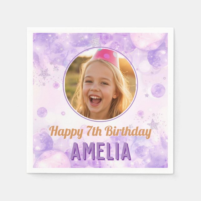 Magical Purple Photo Birthday Party  Napkin (Front)