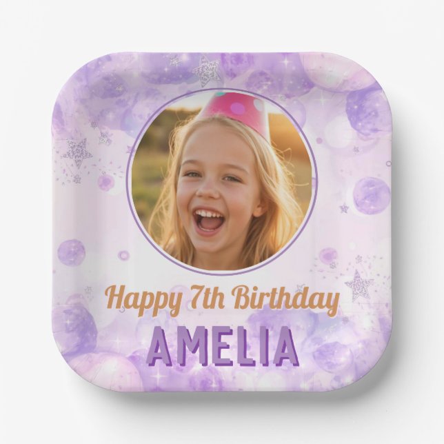 Magical Purple Photo Birthday Party  Paper Plate (Front)