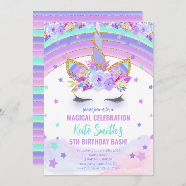 Magical Purple Unicorn Birthday Invitation (Front/Back)