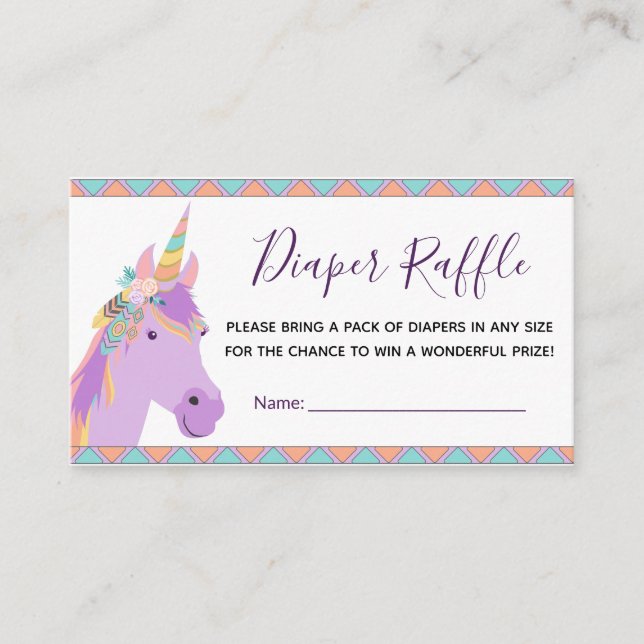 Magical Purple Unicorn Boho Diaper Raffle Ticket Enclosure Card (Front)