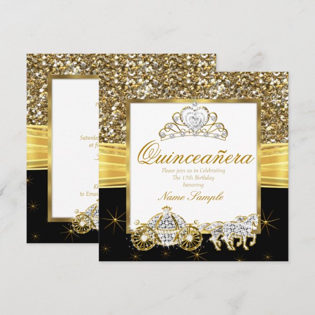 Magical Quinceanera Gold Black Horse Carriage Invitation (Front/Back)