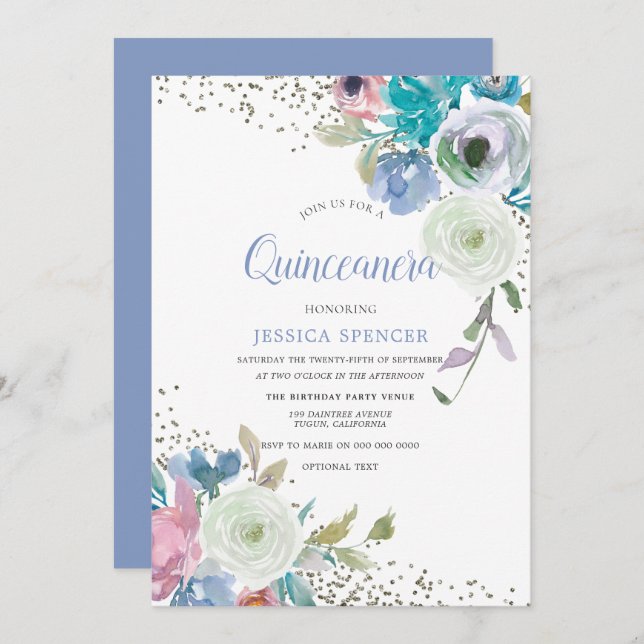 Magical Quinceanera: Mint Blue Sparkle Flowers Invitation (Front/Back)
