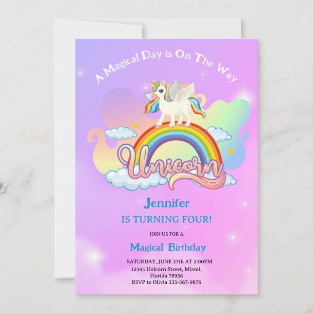 Magical Rainbow and Unicorn Birthday pink purple Invitation (Front)
