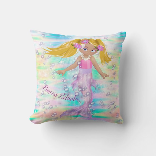 Magical Rainbow Bubbles & Baby Girl Mermaids Cushion (Front)