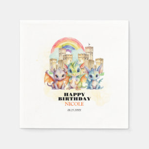 Magical Rainbow Castle Cute Baby Dragons Birthday Napkin