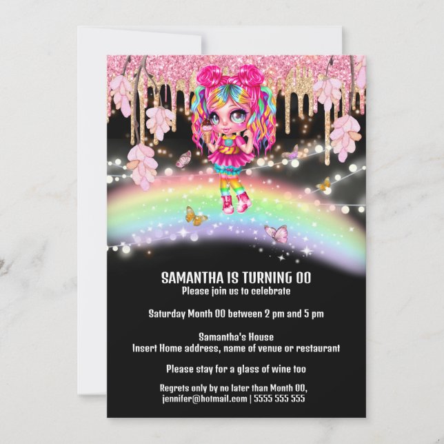 Magical rainbow girl fantasy glitter lights floral invitation (Front)