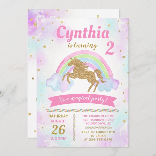 Magical Rainbow Gold Unicorn Birthday Invitation (Front/Back)