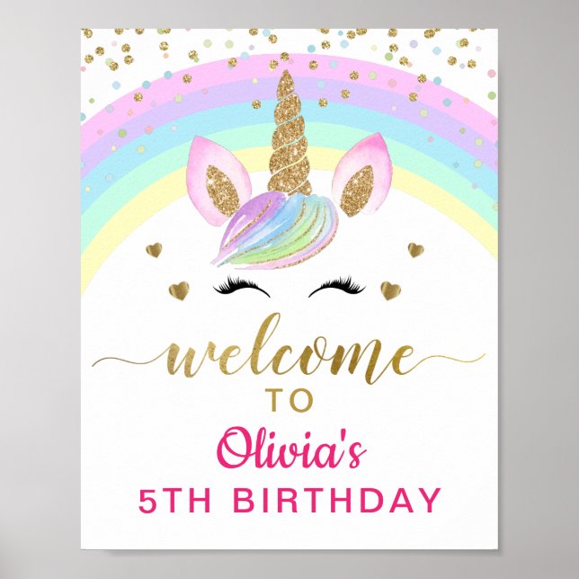 Magical Rainbow Gold Unicorn Birthday Welcome Sign (Front)