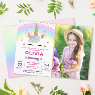Magical Rainbow Gold Unicorn Girl Photo Birthday Invitation