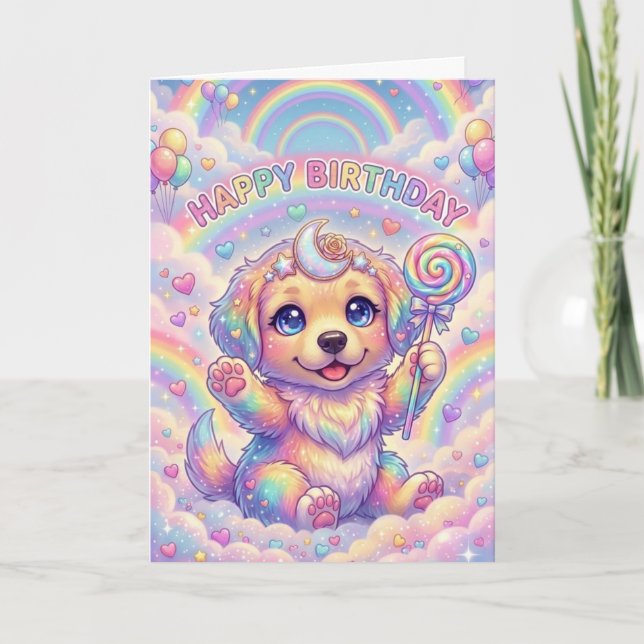 Magical Rainbow Puppy Children's Birthday Fantasy  Card (Front)