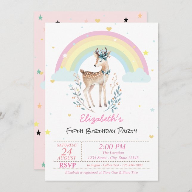 Magical Rainbow Reindeer Stars Birthday Invitation (Front/Back)