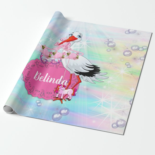 Magical Rainbow Stork, Baby Mermaids Wrapping Paper (Unrolled)