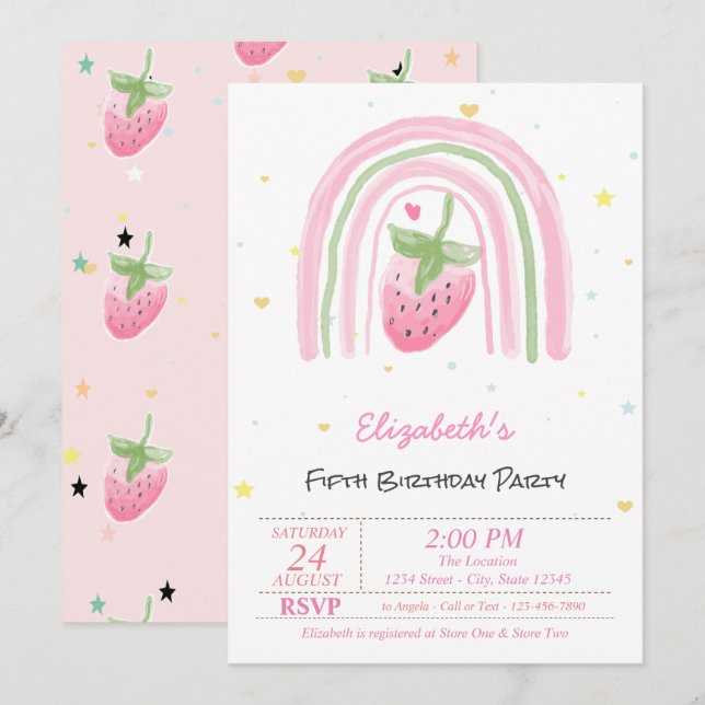 Magical Rainbow Strawberry Stars Birthday  Invitation (Front/Back)