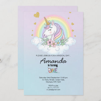 Magical Rainbow Unicorn 1st Birthday Invitation