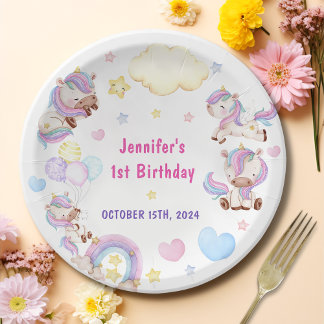 Magical Rainbow Unicorn 1st Birthday Party Paper Plate