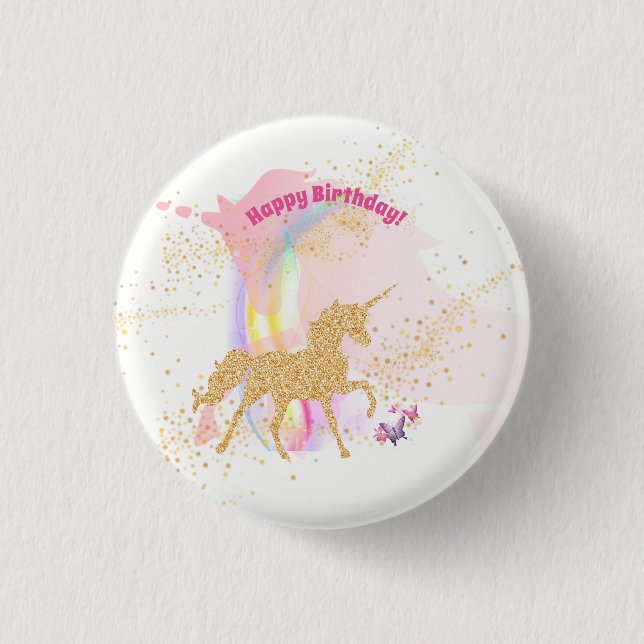 Magical rainbow unicorn birthday party button (Front)