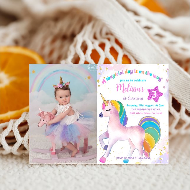 Magical Rainbow Unicorn Birthday Photo Invitation (Creator Uploaded)