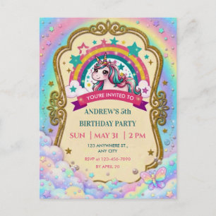 Magical Rainbow Unicorn Clouds Kids Birthday Postcard