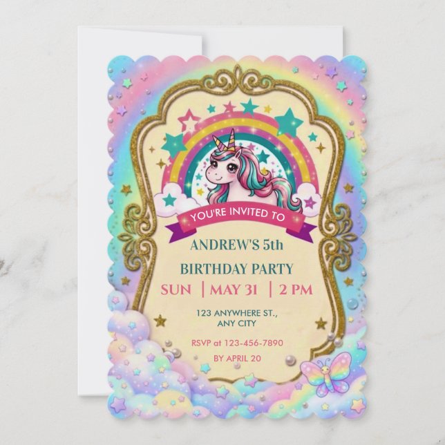 Magical Rainbow Unicorn Clouds Kids Birthday Save The Date (Front)