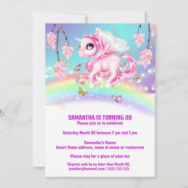 Magical rainbow unicorn fantasy girls birthday invitation (Front)