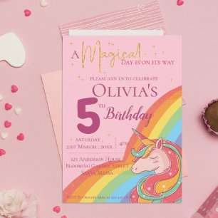 Magical Rainbow Unicorn Faux Glitter Birthday Invitation