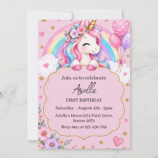 Magical Rainbow Unicorn First Birthday Party Invitation