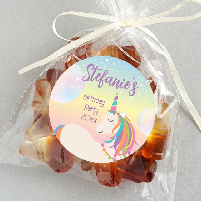 Magical Rainbow Unicorn Girl Birthday Party Classic Round Sticker (Creator Uploaded)