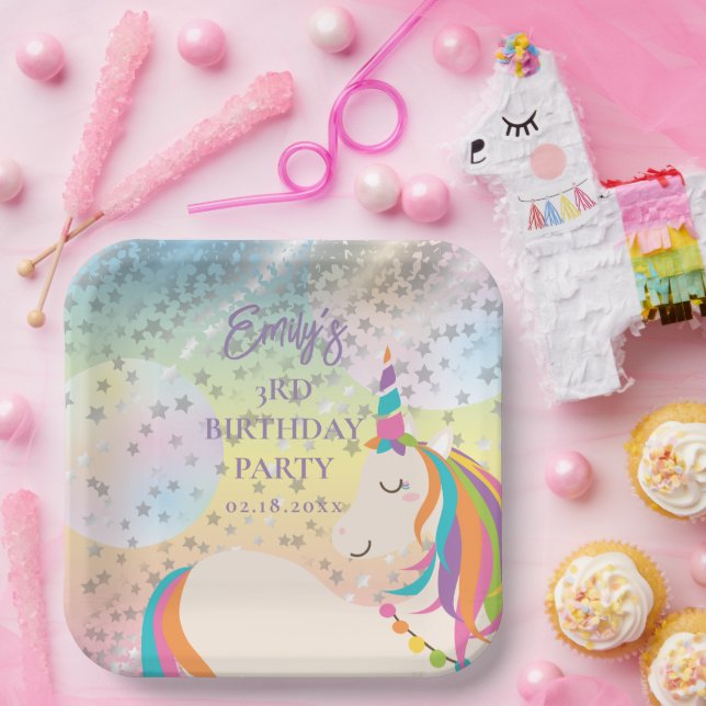 Magical Rainbow Unicorn Girl Birthday Party Paper Plate (Party)