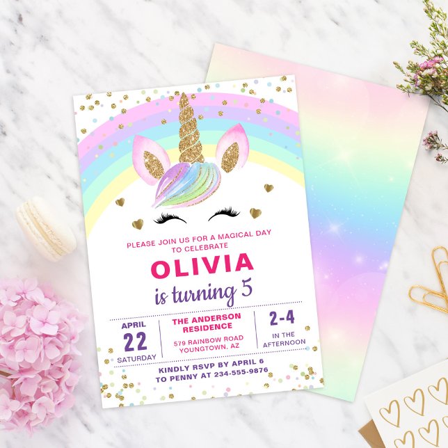 Magical Rainbow Unicorn Gold Glitter Girl Birthday Invitation (Creator Uploaded)