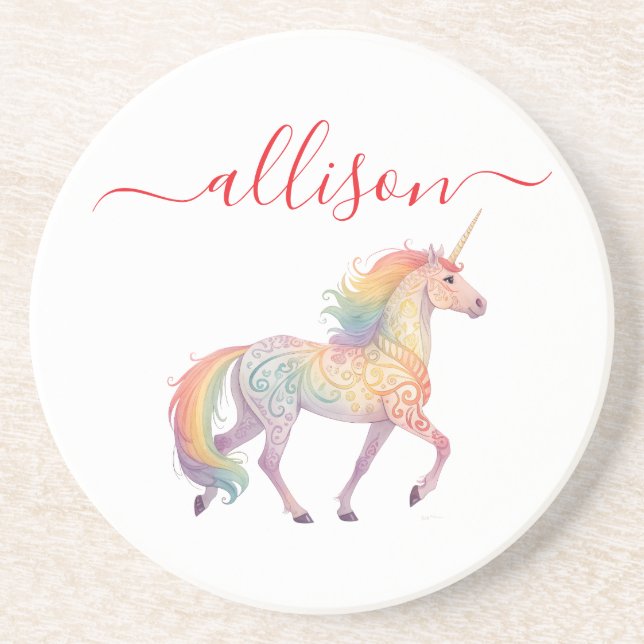 Magical Rainbow Unicorn name Personalised  Coaster (Front)