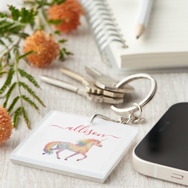 Magical Rainbow Unicorn name Personalised  Key Ring (Front Right)