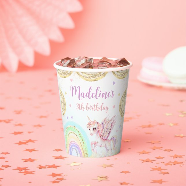 Magical Rainbow Unicorn Pink Gold Birthday Party Paper Cups (Insitu)